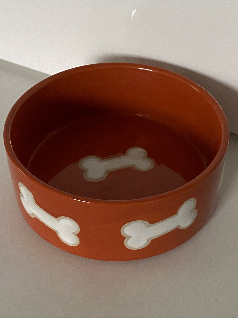 Pet Rageous Designs Dog Bowl Embossed White Bones Ceramic Rust Orange 5.75” EUC